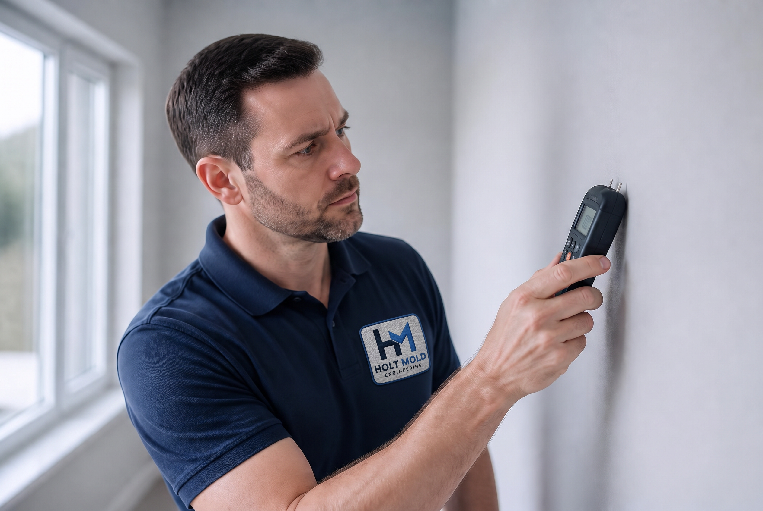 Mold inspector taking a moisture reading on an interior wall of an Arcadia home